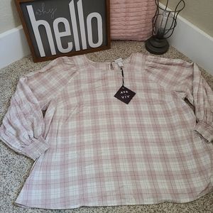 Women's Plus Size Plaid Crewneck Balloon Long Sleeve Flannel Blouse Ava & Viv